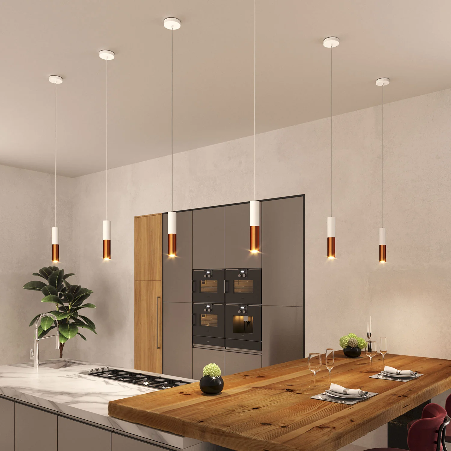 Tub-E12, double metal spotlight tube with double E12 socket ring – Matt White and Brushed Copper - Image 4