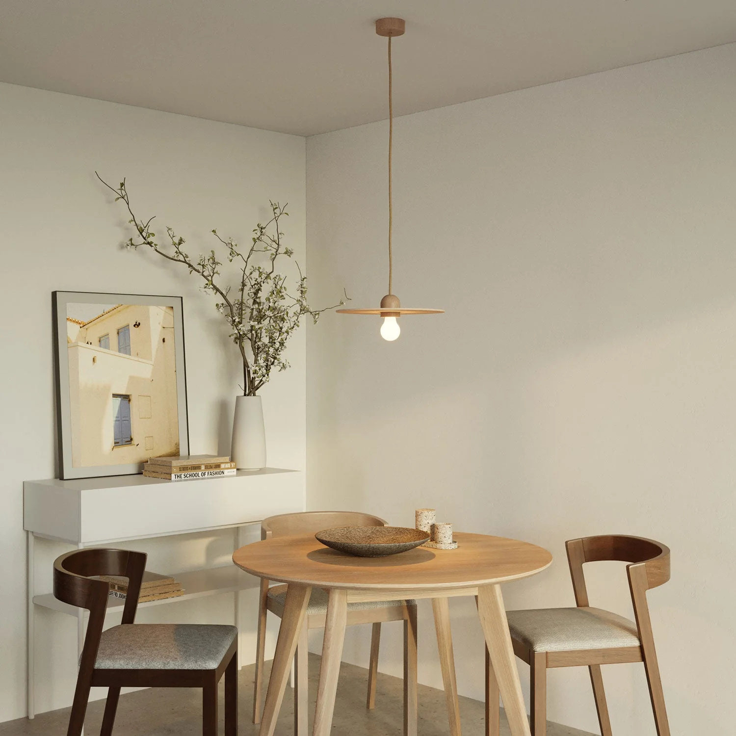 Wooden pendant lamp complete with textile cable and UFO lampshade – Neutral - Image 2