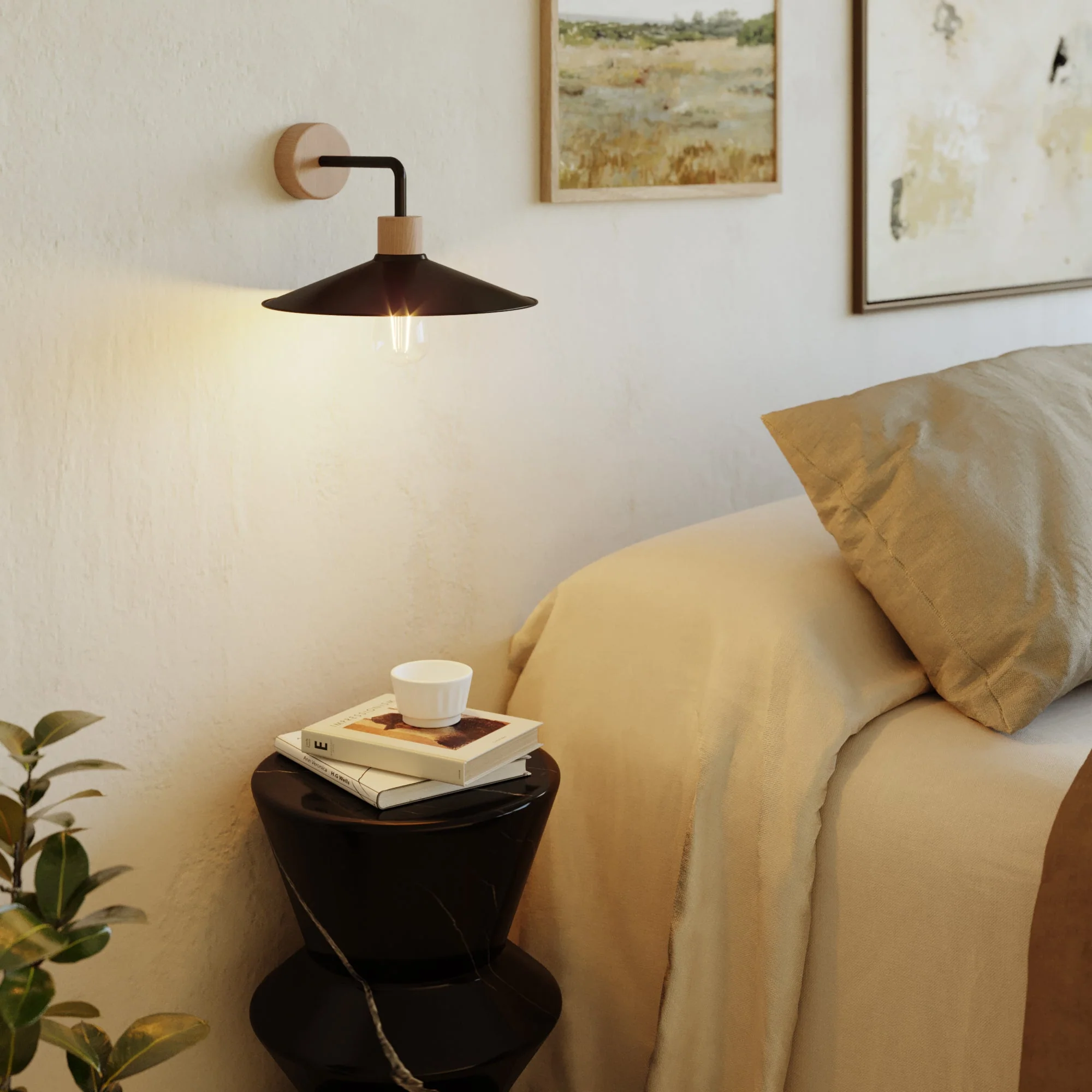 Wooden wall lamp with Swing lampshade and curved extension - Fermaluce Wood - Neutral - Image 2