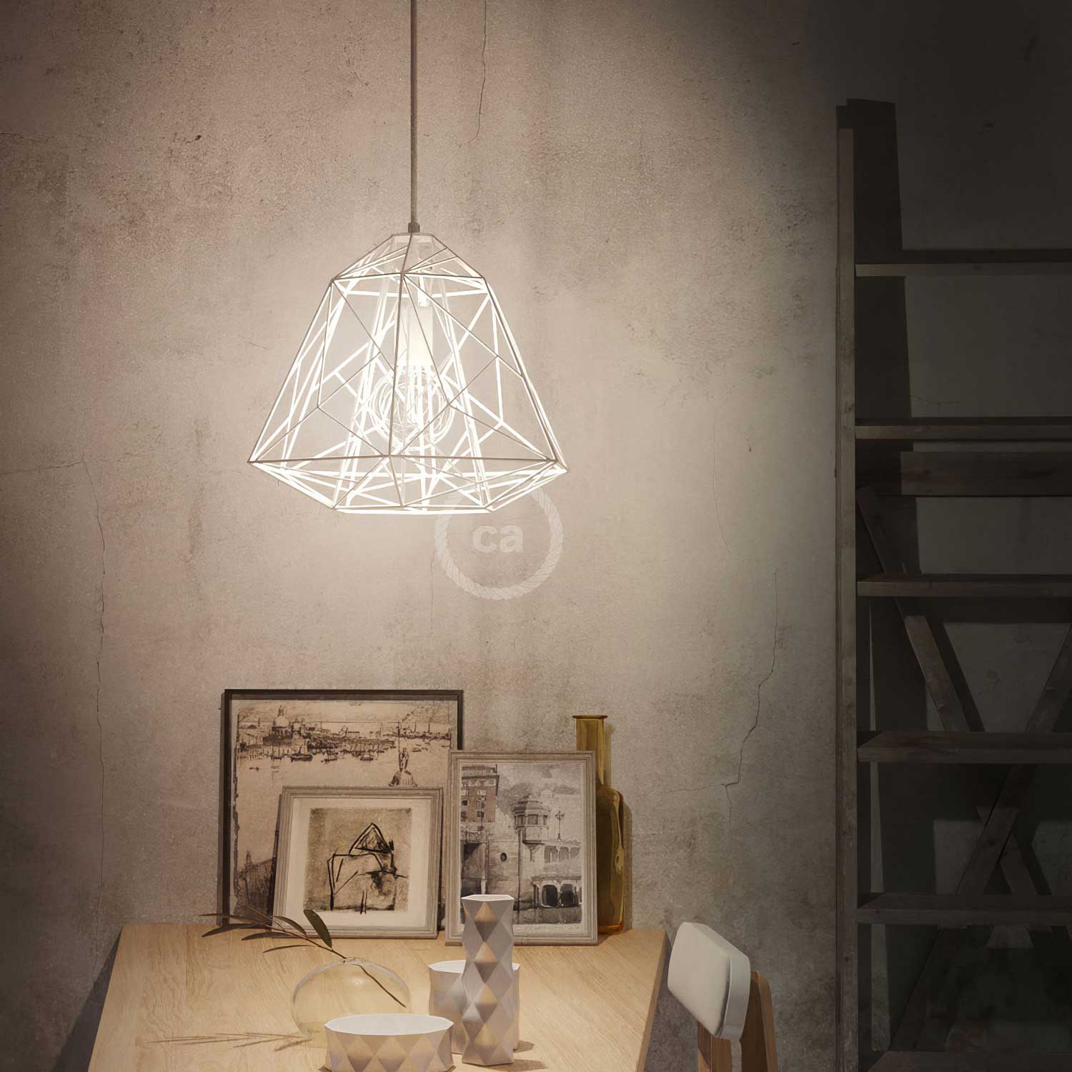 Apollo XL metal lampshade cage with E27 lamp holder - White - Image 2